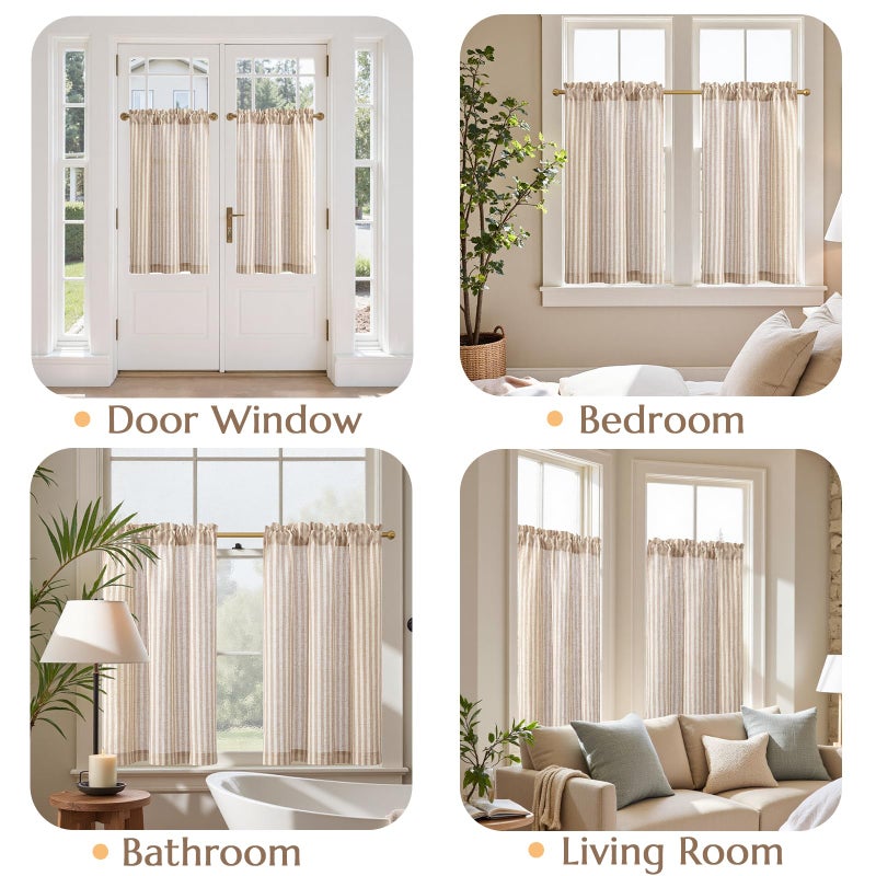 jinchan Striped Linen Kitchen Curtains 36 Inches Length Tier Curtains Farmhouse Modern Cafe Style Small Window Treatments Airy Light Filtering Rod Pocket for Living Room Bathroom 2 Panels Tan - Image 4